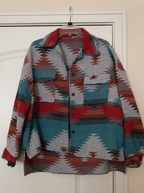 Southwestern Pattern Button-Up Oversized Jacket in Teal & Rust